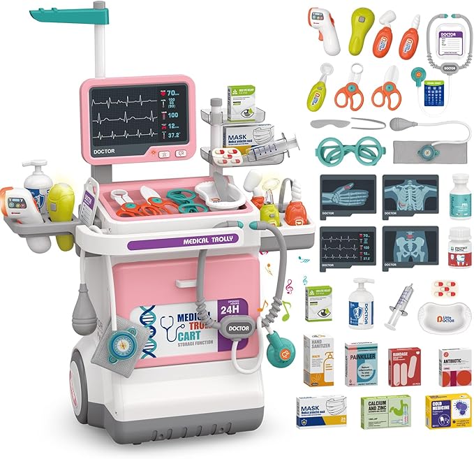 Doctor Kit for Kids Pretend Medical Station Set for Boys & Girls Mobile Cart with Kids Play Set for Ages 3 and Up Children Role Play Educational Toys (Pink)