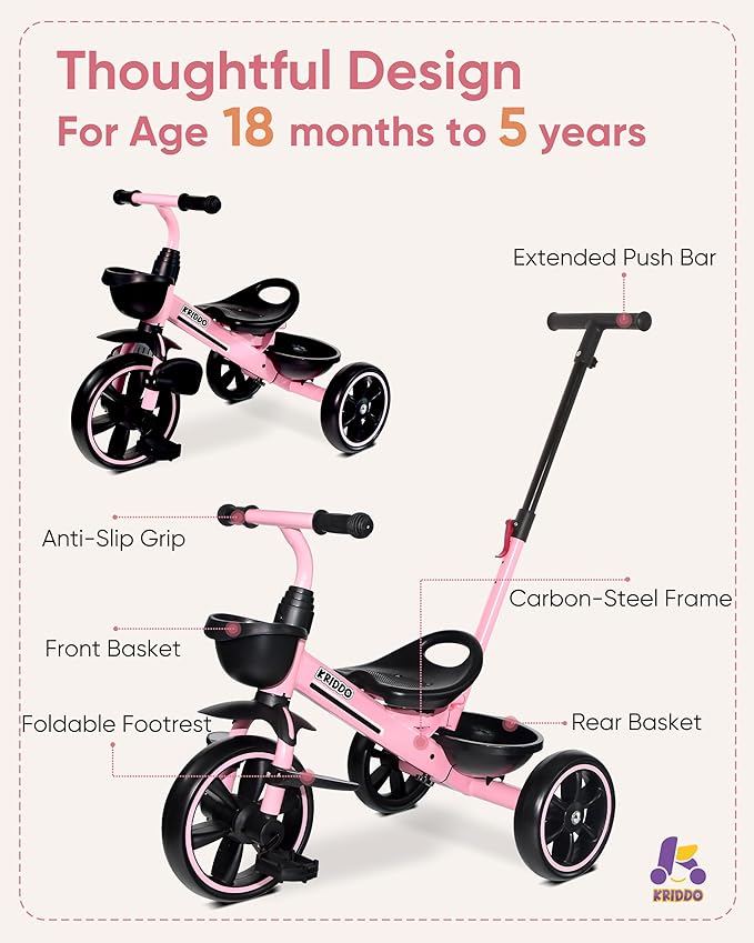 KRIDDO 2-in-1 Toddler Tricycle for Ages 18 Months to 5 Years Old - Extended Push Handle for Effortless Push, Gift Trike for Toddler 3 to 5 Year, Kids Tricycle with Foldable Front Footrest, Pink