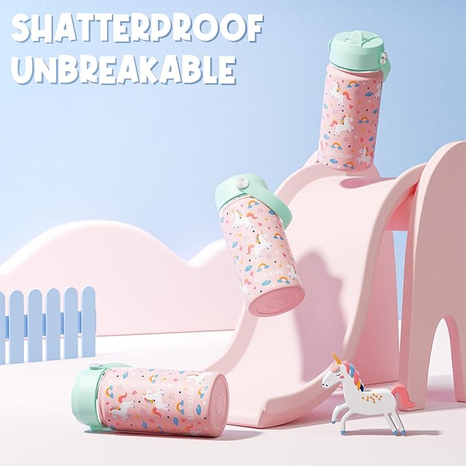 Fimibuke Kids Insulated Water Bottle, 14oz BPA FREE 18/8 Stainless Steel Travel Tumbler Double Wall Vacuum Leak Proof Kids Cup with Straw Metal Water Bottle for School Boys Girls(1 Pack, UNICORN)