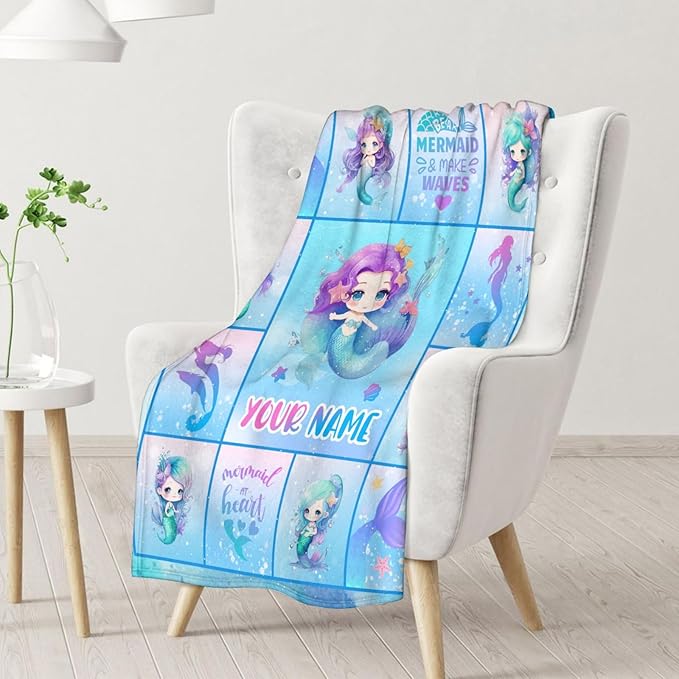 Personalized Mermaid Blanket with Name - Soft, Fuzzy & Warm - 30"x40" Small Blanket for Couch, Office - Blue Cute Throw Gifts for Girls