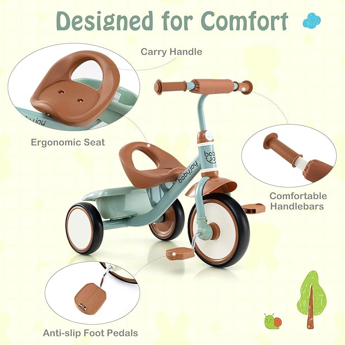 BABY JOY Toddler Tricycle, Kids Trike with Adjustable Seat and Storage Basket for Boys Girls Indoor and Outdoor Riding, Toddler Trike for Baby 3-5 Years Old (Green)