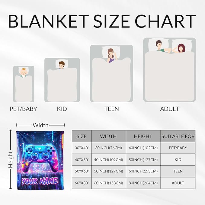 Personalized Kids Gaming Blanket Gift - Warm Gamer Boys Blankets and Throws for Bed, Couch