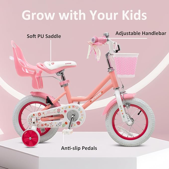 ACEGER Girls Bike with Basket for Ages 2-12 Years Old Kids, 12 14 16 18 Inch with Training Wheels，Princess Style with Streamers, Handbrake & Coaster Brake,Multiple Colors.