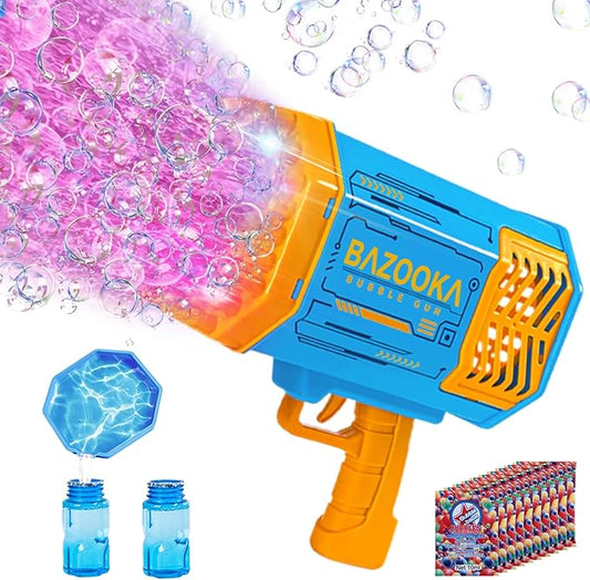 Bubble Gun Bazooka Machine with Solution - 69 Holes Blaster for Outdoor Summer Toy, Party Favors - Blue Halloween Bubble Maker Blowers for Kids