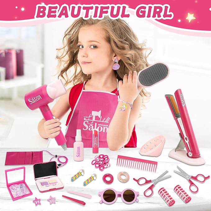 45PCS Hair Salon Toys for Girls Pretend Play Set, Kids Dress Up Beauty Kit with Hair Dryer & Curling Iron Accessories, Christmas Birthday Gift for Toddler Age 3 4 5 6+