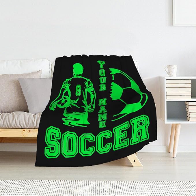 Personalized Soccer Throw Blanket with Name - Soft, Fuzzy & Warm - 60x80 Inches Twin Size Blanket for Couch, Office - Green Funny Throw Gift for Boys, Men