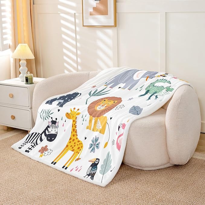 Kids Zoo Animal Sherpa Cute Wild Animals Fleece Throw Blanket Cartoon Safari Wild Print Plush Blanket for Boys Girls Children Teens Bedroom Decor Exotic Natural Fuzzy Blanket Baby 30x40 Inch