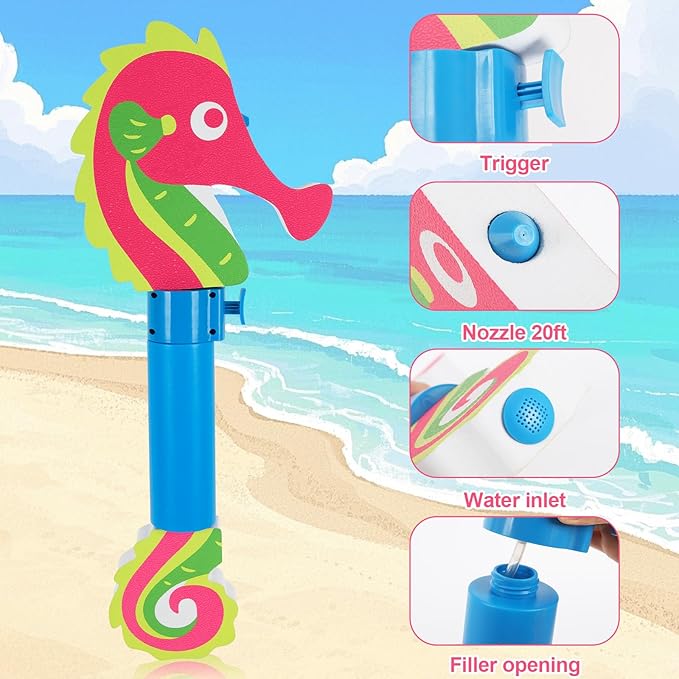 Water Gun Pool Toys for Kids, Ocean-Themed Water Blaster with Auto-Refill & Swim Float, 16oz Large Capacity for Pools, Beach, Outdoor Water Pistol Toy, Seahorse Design Ages 5+ Boys Girls