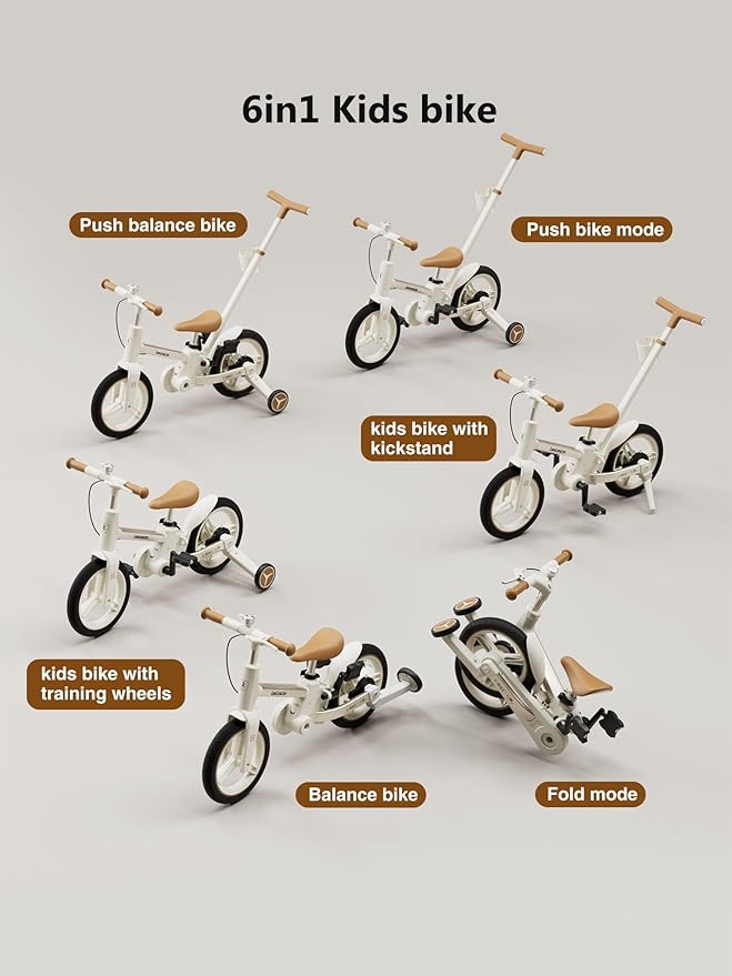 lecoco Upgraded Toddler Bike with Push Handle 6 in 1 for Kids, Balance Bicycle Toys with Training Wheels, Brackes, Cup Holder, Pedal, Kickstand Birthday Gift for Boys and Girls