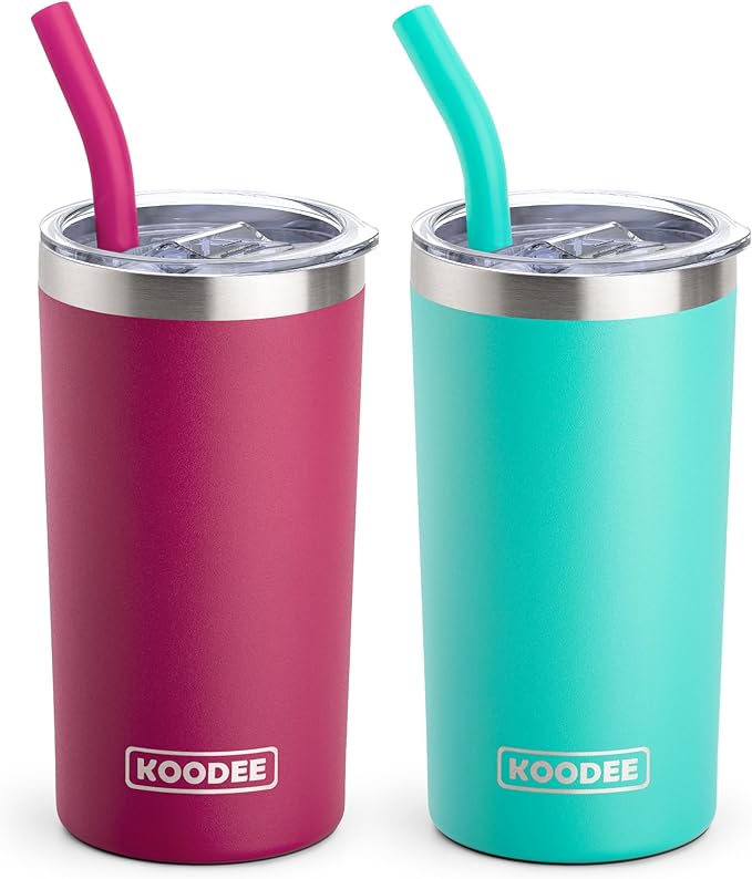 koodee Tumbler Cup with Straw and Lid -12 oz Skinny Tumbler Stainless Steel Double Wall Vacuum Insulated Tumbler Cup-Spill Proof & Sweat-Free (Fuchsia Red-Teal)
