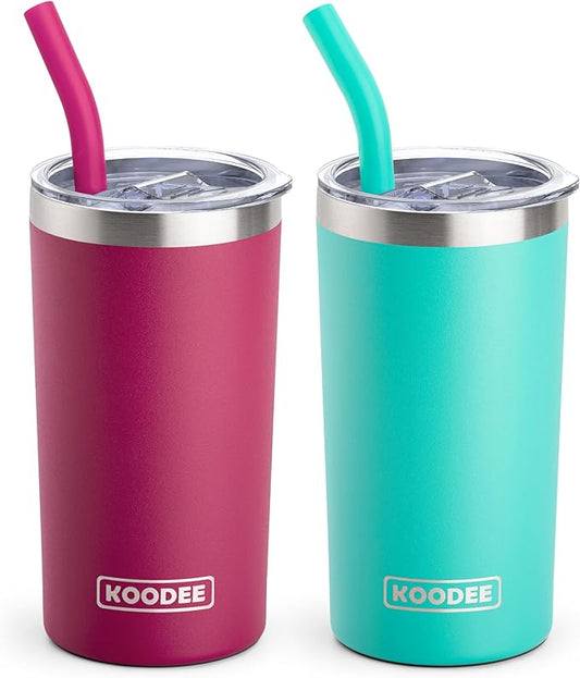 koodee Tumbler Cup with Straw and Lid -12 oz Skinny Tumbler Stainless Steel Double Wall Vacuum Insulated Tumbler Cup-Spill Proof & Sweat-Free (Fuchsia Red-Teal)