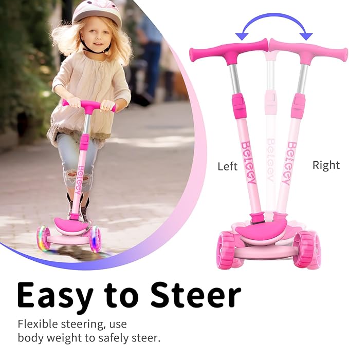 BELEEV A8 Scooter for Kids Ages 3-12, 3 Wheel Folding Scooter for Toddlers Girls Boys, LED Light-Up Wheels, 4 Adjustable Height, Lean to Steer, Extra Wide Wheels, Three Wheel Kick Scooter for Children