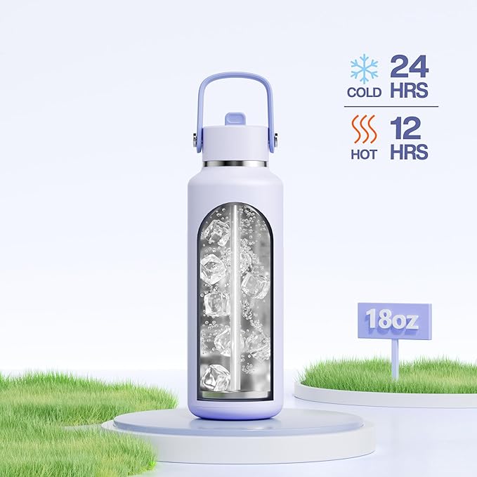 POWCAN 18 oz Slim Insulated Water Bottle: Leakproof, Lightweight, Cold for 24 Hrs, Double Walled Stainless Steel Water Bottle with Straw for Outdoors, Travel, Hiking, Biking, Sport (Lupine Haze)