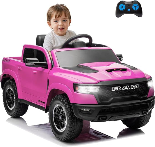 Ram 1500 Ride on Toys for Kids 4-8, Ride on Pickup Truck for Toddlers with Remote Control,12V Battery Powered Car with Trunk, Bluetooth, Music, Safety Belt (Pink)