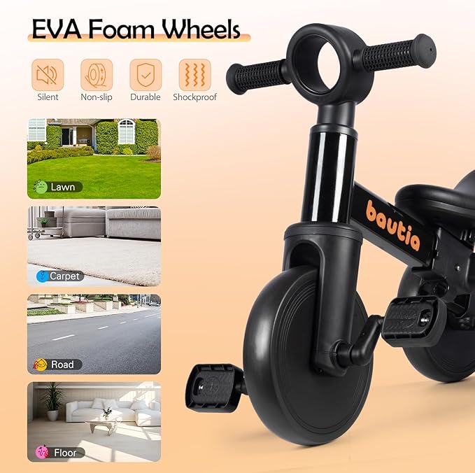 Tricycle for Toddlers 1-3 with Push Handle, 5 in 1 Baby Balance Bike for 1-4 Years Old Kids Toy, Boys Girls Bicycle Gift with Removable Pedals, Black (No Parent Steering Version)