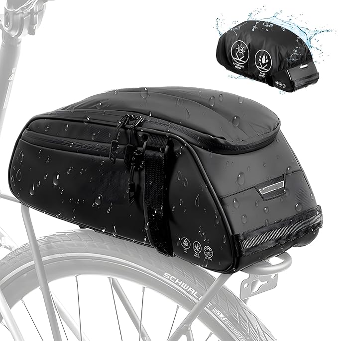 WOTOW Reflective Rear Rack Bag, Water Resistant Bike Saddle Bag Panniers for Bicycles Ebike, 8L Trunk Storage Bag, Cycling Back Seat Cargo Carrier Pouch With Shoulder Strap (With Rain Cover)