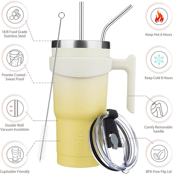 BJPKPK Tumbler With Handle And Straw Lid 20 oz Stainless Steel Insulated Coffee Tumbler Cups For Home, Office or Car,Lemon