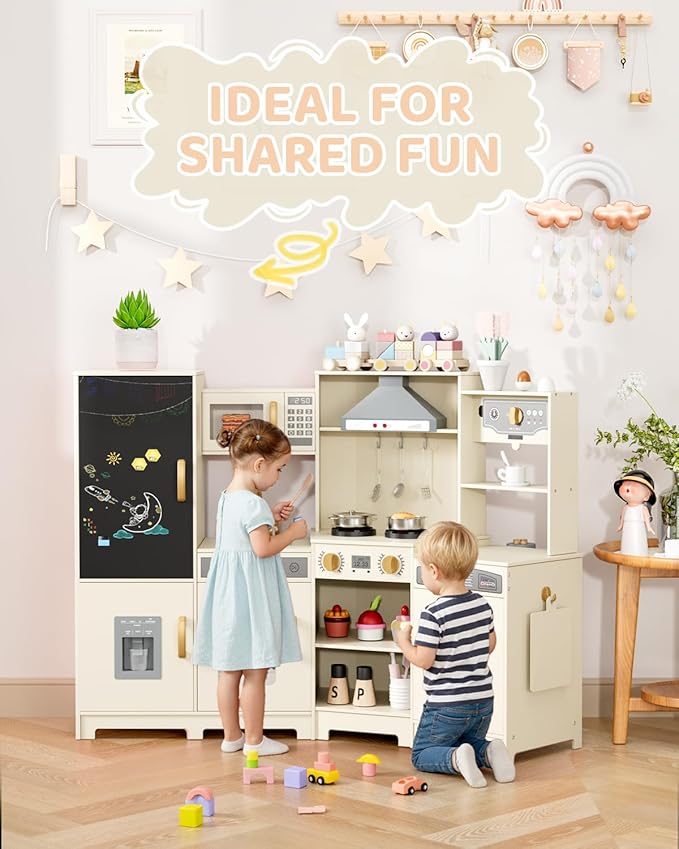 MAMIZO Wooden Corner Play Kitchen, Large Ultimate Interactive Toddler Pretend Kids Kitchen Playset with Blackboard, Stove & Range Hood w/Light & Sound, Ice Maker, Washing Machine, 6 Toy Set (Cream)