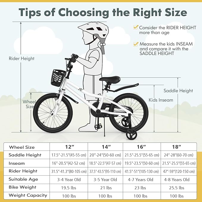 COSTWAY Kids Bike, 12 14 16 18 Inch Toddler Bike for Boys & Girls Aged 3-8 Years Old, Kids Bicycle w/Removable Training Wheels, Handbrake & Coaster Brake, Basket, Bell