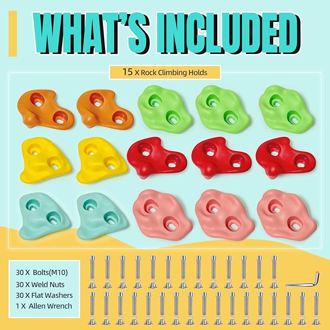 15 PCS Rock Climbing Holds for Kids, Climbing Rock Wall Grips, Adult Rock Wall Climbing Kit, Extra Large Climbing Holds for Play Set with Hardware for Indoor and Outdoor (Pastel Color