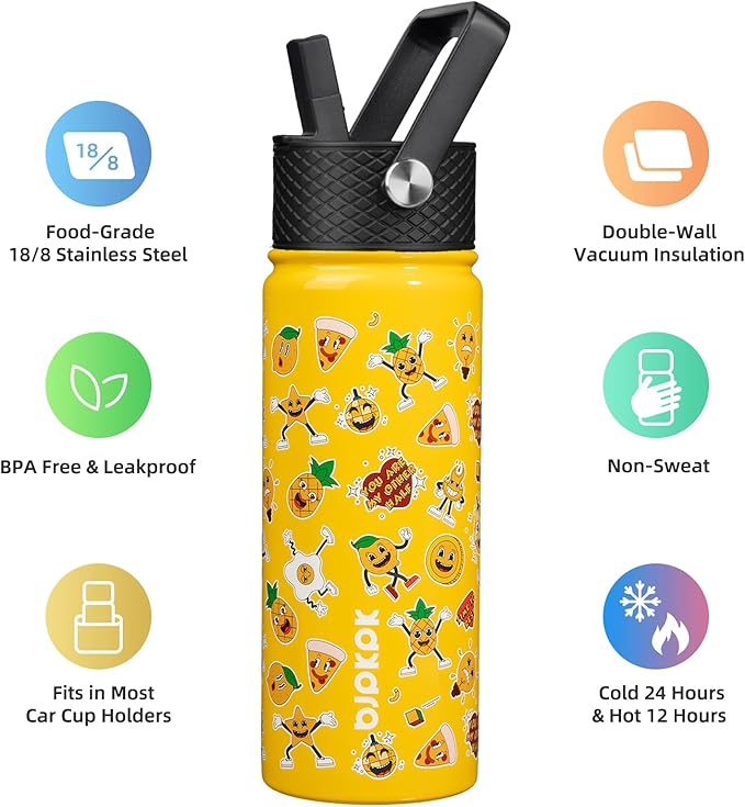 BJPKPK Insulated Water Bottle with Straw Lid, 18 oz Stainless Steel Metal Water Bottles, Reusable Leak Proof BPA Free Water Bottles, Cups, Thermo, Hawaii Fruits-Yellow