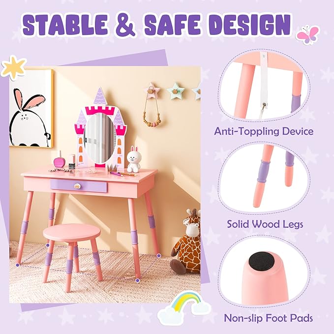 HONEY JOY Kids Vanity Set, Castle Pretend Play Vanity Table & Chair Set w/Drawer, Princess Makeup Dressing Table for Toddlers, Rich Accessories, Girls Vanity Set with Mirror and Stool, Pink
