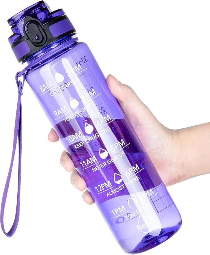 OLDLEY Water Bottle, 32oz Motivational Sports Water Bottle with Time Marker - Times to Drink - Tritan, BPA Free, Wide Mouth Leakproof, Deep Purple (1 Bottle)