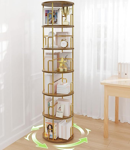 6 Tier Rotating Bookshelf Tower Round,74” Tall Spinning Bookshelf Tower Anti-Tipping Design,Metal & Wood Standing Revolving Bookcase Stackable Space Saving for Small Spaces,Study,Living Room,Bedroom