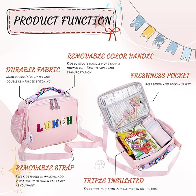 Lunch Bag Kids,Insulated Lunch Bag for Girls with Shoulder Strap,Easy Holds Lunch Box,Snacks and Water Bottle Together,Keep Foods Fresh in School or Picnic (Pink)