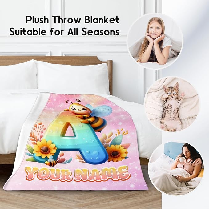 Personalized Blankets for Kids - Bee Blanket for Girls Boys - Custom Name Gifts for Daughter Son - Cute Monogram Fleece Throws - 4 Sizes for Toddler/Children/Teens/Adults