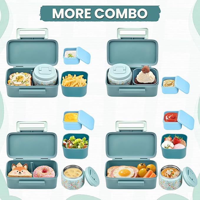 PIQUEBAR Bento Lunch Box for Kids with Thermo Ice Pack Lunch Food Container Insulated Bag, 18oz Plastic Sport Water Bottle for Kid Girls Boys (T-Blue Dinasour)