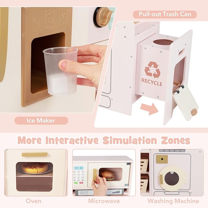 Costzon Corner Kitchen Playset, Kitchen Toy Set w/Real Lights & Sounds, Large Fridge, Ice Maker, Oven, Microwave, Washer, Trash Can & 22 Accessories, Wooden Pretend Play Kitchen for Kids 3+ (Pink)