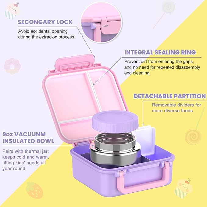 Bento Lunch Box for Kids with 9oz Thermo, Leak-proof Lunch Containers with 3 Compartments,Kids-friendly Size,Durable/Dishwasher Safe Lunch Box for School Outdoors Purple-Pink