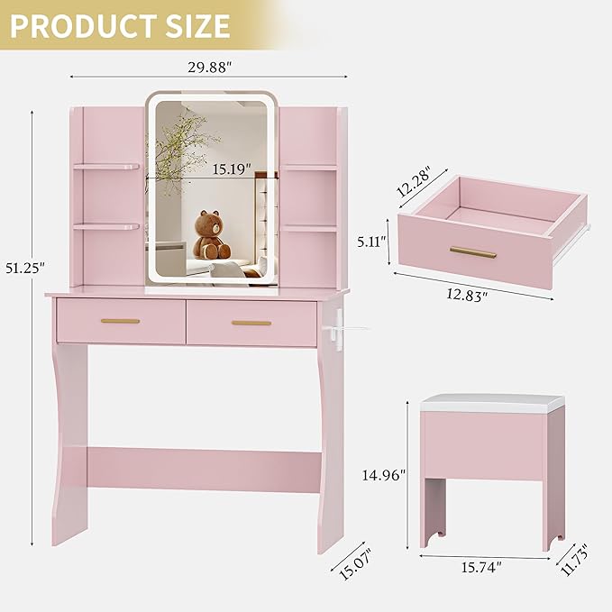 Small Vanity Desk with Mirror and Lights, Makeup Vanity Table Set with 3 Lighting Modes & Adjustable Brightness, Power Outlet, Storage Drawers, Cushioned Stool, Dressing Table for Women Girls