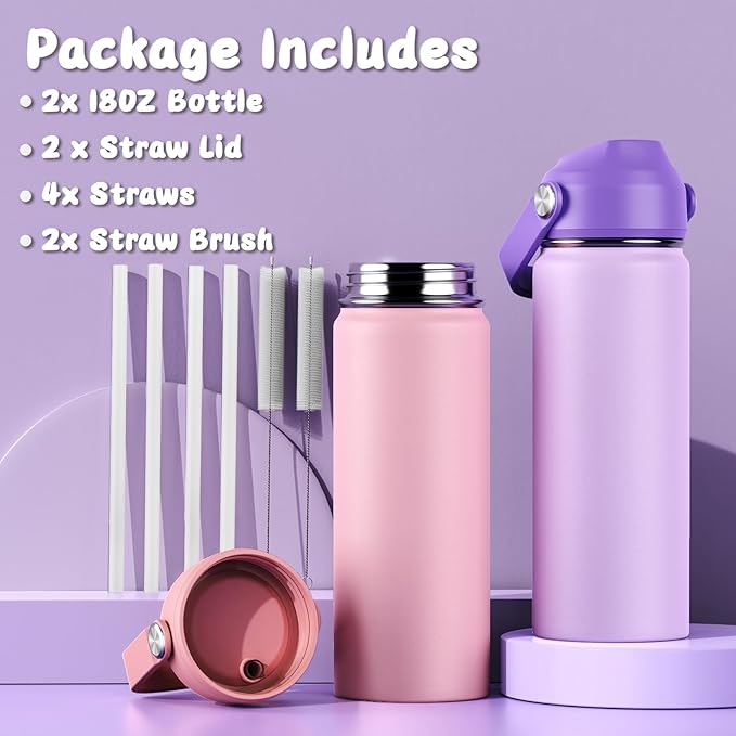 18oz Kids Insulated Water Bottle with Straw Lid - 18/8 Stainless Steel Kid Cup Travel Tumbler Double Wall Vacuum Leak Proof Portable Toddler Water Bottle (Pink+Purple）