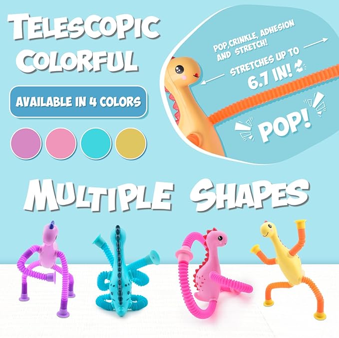 4Pcs Telescopic Suction Cup Dinosaur Toys,Sensory Toys for Kids 3-5 5-7,Toddler Toy,Fidget Toy,Toddler Travel Essential for Airplane,Pop Tubes, Christmas Stocking for Kids Boys Girls A