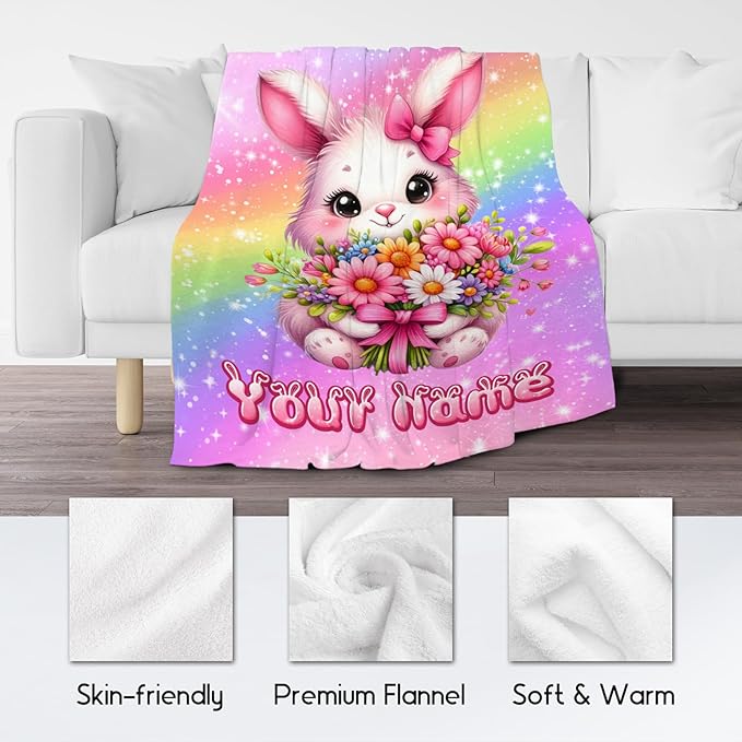 Personalized Blanket for Kids, Bunny Blanket for Girls, Custom Gifts for Toddler Daughter, Rainbow Throws Decor, 4 Size