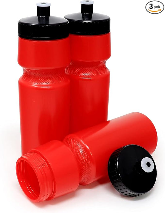 Rolling Sands USA Made Reusable 24 oz Sports Water Bottles, 3 Pack, BPA-Free, Easy Open Pull-Top, Fits Most Bike Cages, Dishwasher Safe, Lightweight - for Kids to Adults, Red