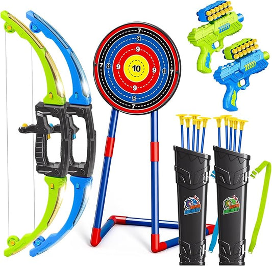 2 in 1 Pack Bow and Arrow Set for Kids 6 Year Old Boy Gifts Boy Toys Age 6-8,Archery Set with Lights Sport Shooting Games for Kids 5-12 Year Old Birthday Gifts Indoor Outdoor