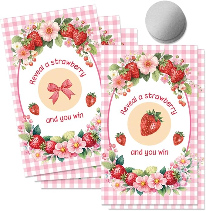 50 Pcs Strawberry Themed Scratch Off Game Cards, Pink Scratch Cards for Birthday, Baby Shower, Party Supplies, Lottery Prize Raffle Ticket, Berry Theme Party