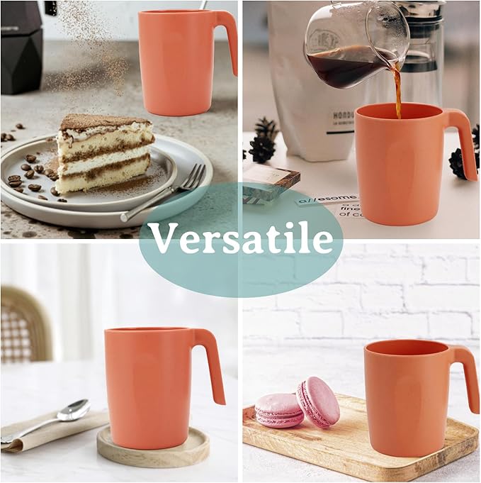 16oz Wheat Straw Cups with handles set of 6-Plastic Cups Reusable-Unbreakable Kids Mugs-Dishwasher Safe & Microwave Safe-Ideal Plastic Mugs for Tea,Coffee,Camping,RV-Orange