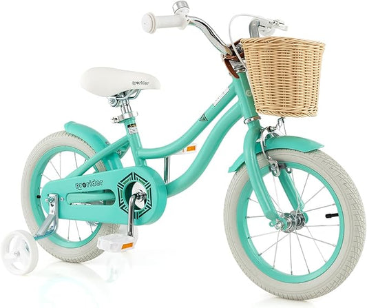 BABY JOY Kids Bike, 14 16 18 Inch Retro Kids Bicycles for 3-8 Years Old Children with Training Wheels, Adjustable Height, Rattan Basket, Handbrake & Coaster Brake, Boys Girls Bike (Pink, Green, Blue)