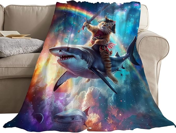 Funny Cat Blanket Fleece Soft Warm Plush Cat Shark Space Galaxy Throw Blanket Lightweight Plush Fuzzy Cozy Kitten Blankets for Boys Girls Kids Adult Suitable for Couch Sofa Bed 60"X50"