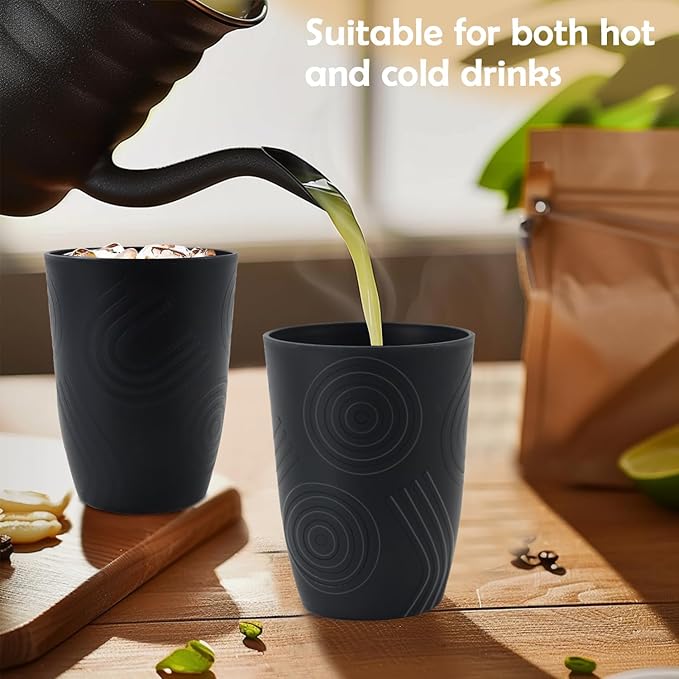 6 Pack Wheat Straw Cups 12 oz, Plastic Cups Reusable Drinking Cup, Small Kids Cup, Unbreakable Water Cup Set Dishwasher Safe for Kitchen, Camping, School (Black)