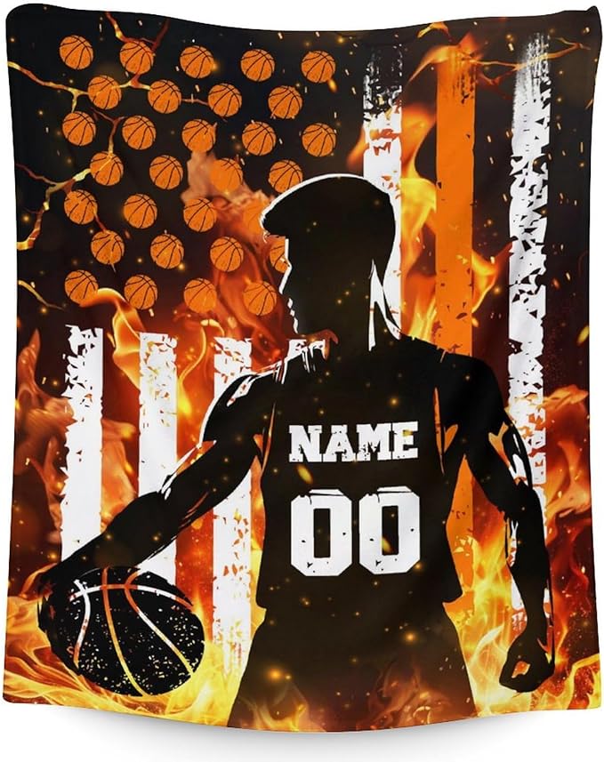 Personalized Basketball Blankets for Boys Men, Cool Throw Blanket for Adults Basketball Lovers, Custom Name 60x80 Soft Throws for Couch Sofa