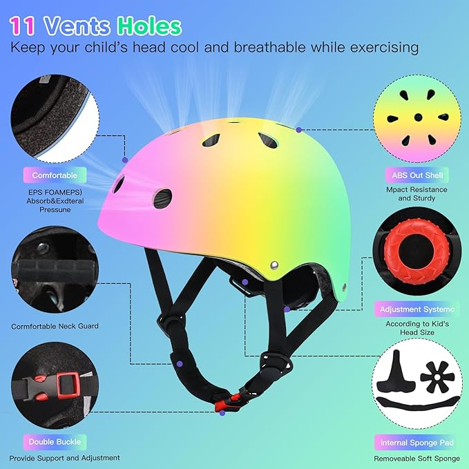 Color Gradient Adjustable Kids Bike Helmet Toddler Skateboard Helmets Boys Girls Child Ventilation Helmet for Multi-Sports Skating Cycling Scooter Balance