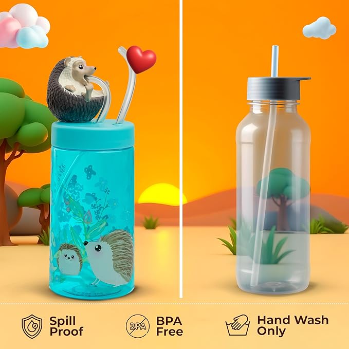 Kids Water Bottle, Toddler Cups, Tumbler with Lid and Straw, Travel Sippy Cup for Water or Milk, Kids Cups with Lids for Toddlers 3 and Up, BPA Free Plastic, 12 oz (Trend Zoo Hedgehog)