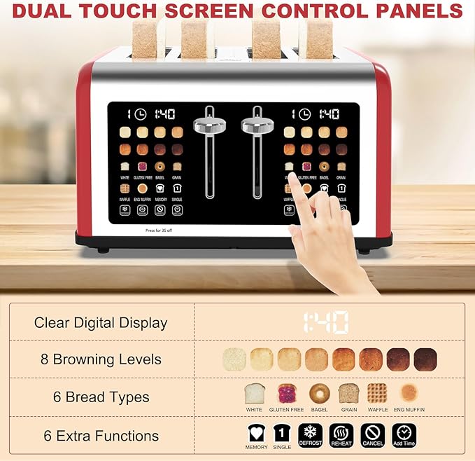 4 Slice Toaster Touch Screen, Stainless Steel Toasters Digital Timer, Dual Control Panel Toasters, 8 Shade Settings 6 Bread Types for Bagel, Cancel, Defrost 1650W Red