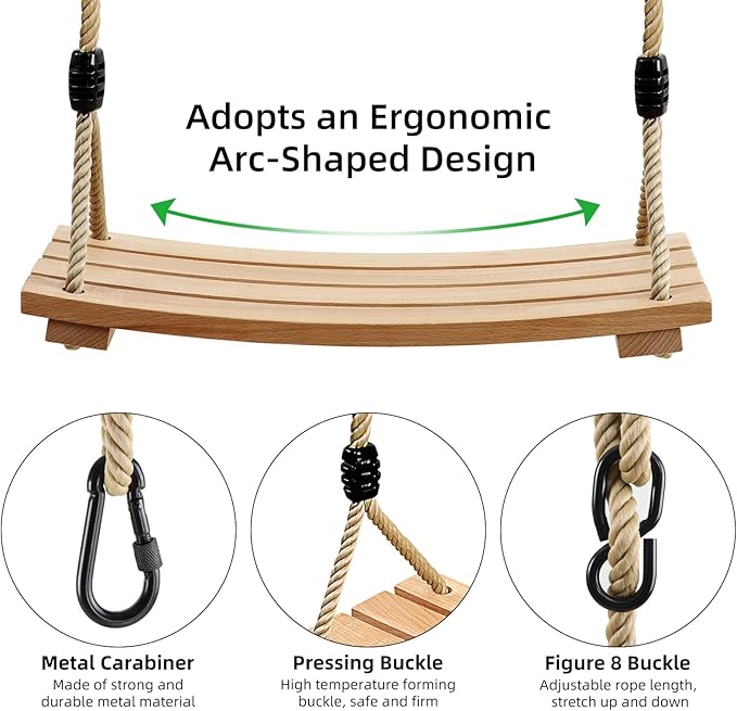 PELLOR Beech Wood Tree Swing Seat Hanging Swing Seat 16.5"x 7.9"x 0.6", Adjustable Rope Tree Swings Set for Kids Children Swings Chair Indoor and Outdoor Garden Play