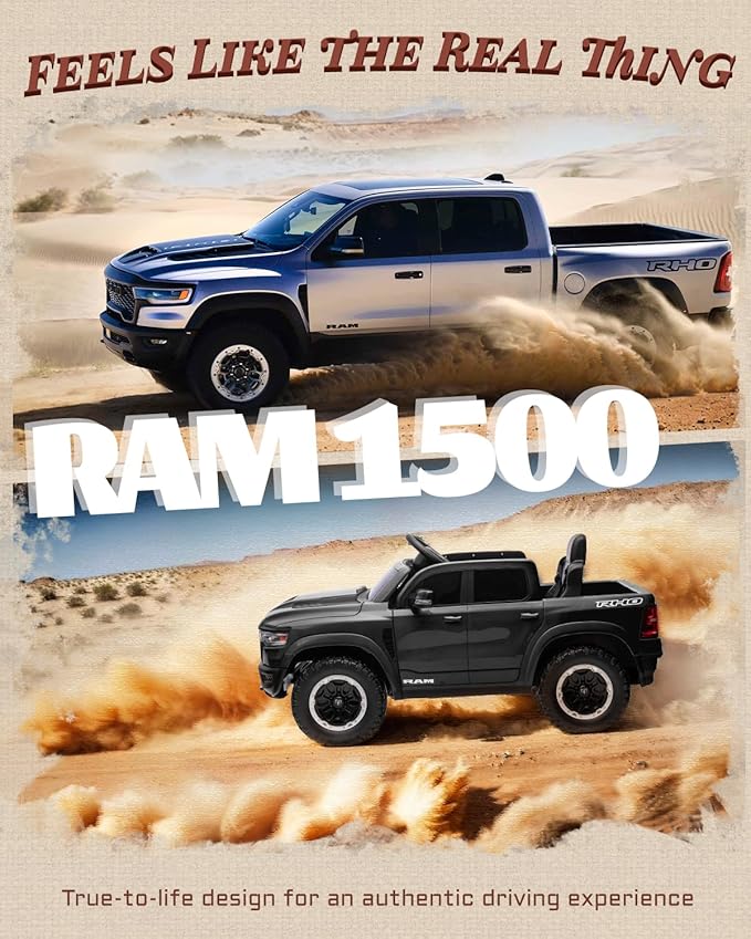 First Ride On 12V Licensed Ram 1500 Ride on Toy for Kids, Toddler Ride on Pickup Truck with Parent Remote Control, Electric Car for Kids with Truck Bed Storage, 3 Point Safety Belt (Black)